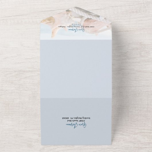 nautische blauwe water schelpen strand bruiloft all in one uitnodiging (Buitenkant)