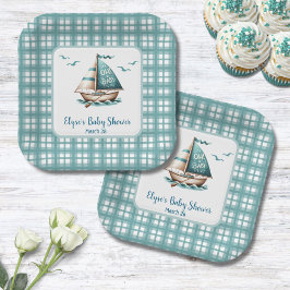 Nautische Blauwe Zeilboot "Oh, Baby" Baby Party Bo Papieren Bordje