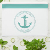 Nautische Blauwgroen Anker Blauw Wit Streep Famili Theedoek (Gevouwen)