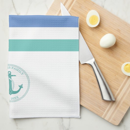 Nautische Blauwgroen Anker Blauw Wit Streep Famili Theedoek (Quarter Fold)