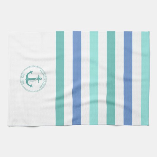 Nautische Blauwgroen Anker Blauw Wit Streep Famili Theedoek (Horizontaal)
