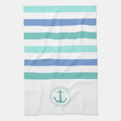 Nautische Blauwgroen Anker Blauw Wit Streep Famili Theedoek (Verticaal)