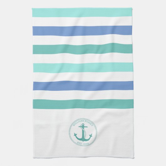 Nautische Blauwgroen Anker Blauw Wit Streep Famili Theedoek (Verticaal)