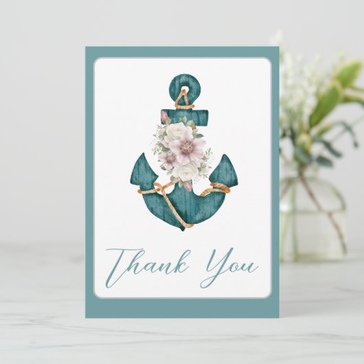 Nautische Blauwgroen Aqua Turquoise Blauwe Bloemen Bedankkaart (Staand voorkant)