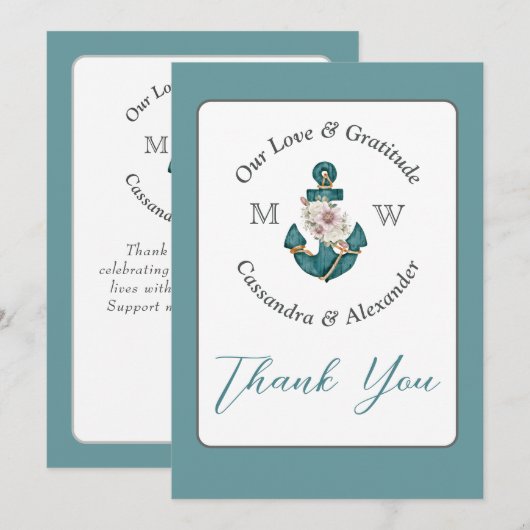 Nautische Blauwgroen Aqua Turquoise Blauwe Bloemen Bedankkaart (Voorkant / Achterkant)