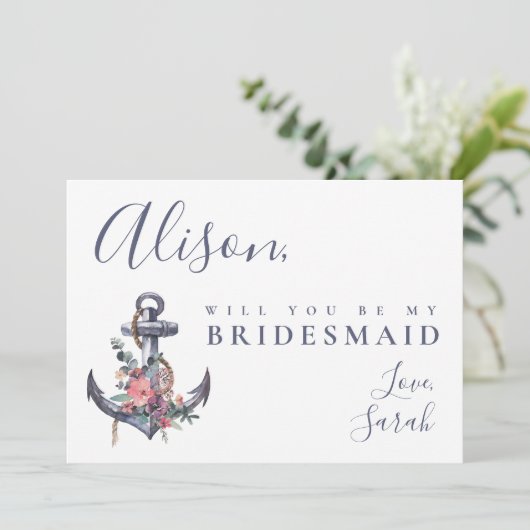 nautische bloemanker bruidsmeisje voorstel Kaart (Staand voorkant)