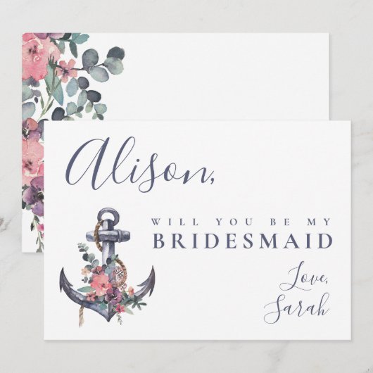 nautische bloemanker bruidsmeisje voorstel Kaart (Voorkant / Achterkant)
