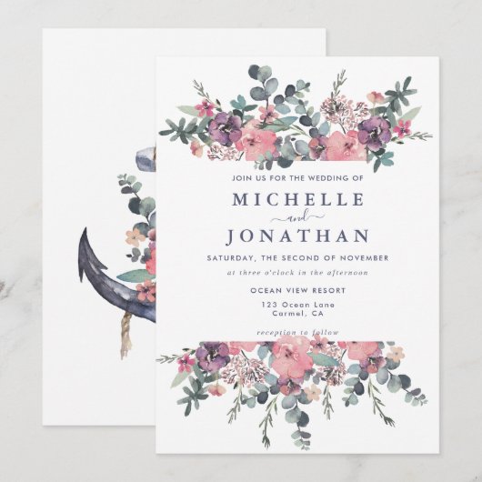 nautische bloemanker bruiloft uitnodiging (Voorkant / Achterkant)