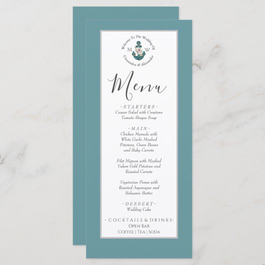 Nautische bloemankerpoeder Blauwgroen Aqua Blue Menu (Voorkant / Achterkant)