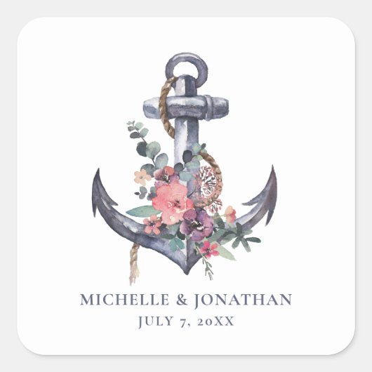 Nautische Bloemen Anker Bruiloft Gift Favor Bag Vierkante Sticker (Voorkant)