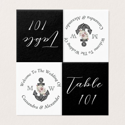 Nautische Bloemen Anker Bruiloft Zwart-wit Kaart (Buitenkant ongevouwen)