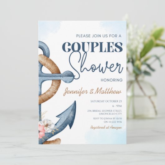 Nautische Bloemen Anker Koppels Bruiloft Douche Kaart (Staand voorkant)