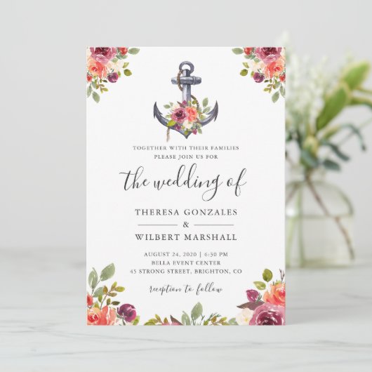 Nautische Bloemen Anker Marine Blue Stripes Weddin Kaart (Staand voorkant)