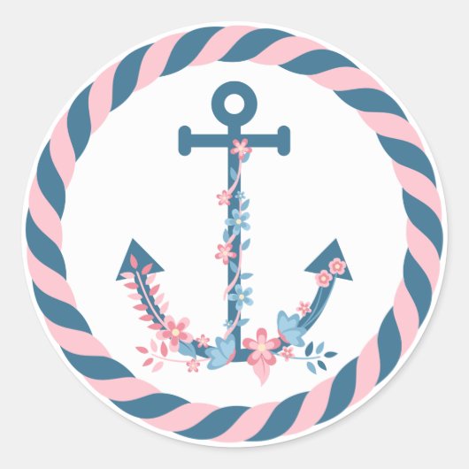 Nautische Bloemen Anker Roze & Navy Bloemen & Touw Ronde Sticker (Voorkant)