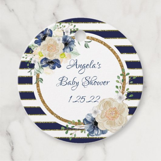 Nautische Bloemen Elegante Marine & Goud Gepersona Bedankjes Labels (Voorkant)