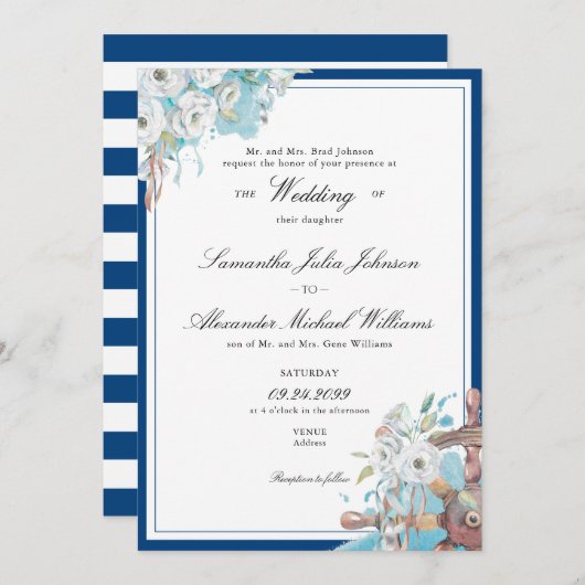 Nautische Bloemen Marine & Wit Formele bruiloft Kaart (Voorkant / Achterkant)