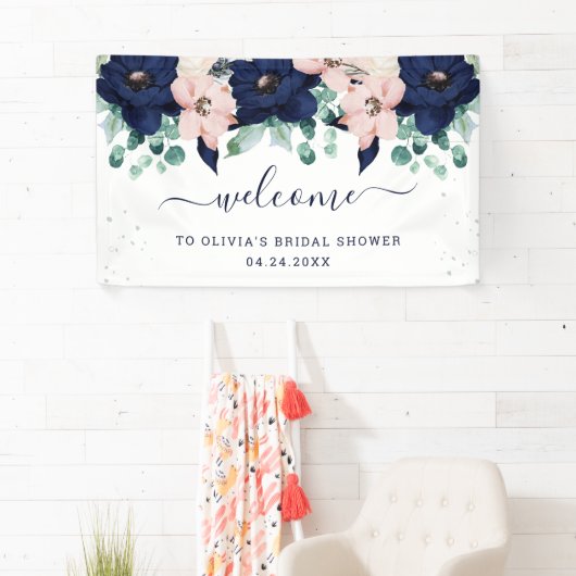 Nautische bloemen Navy Blue en Blush Pink Welkom Spandoek (Insitu)