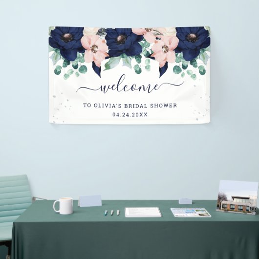 Nautische bloemen Navy Blue en Blush Pink Welkom Spandoek (Beurs)