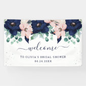 Nautische bloemen Navy Blue en Blush Pink Welkom Spandoek (Horizontaal)