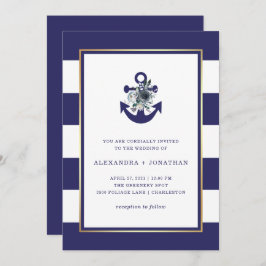 Nautische bloemen | Navy Blue Floral Stripe Bruilo Kaart