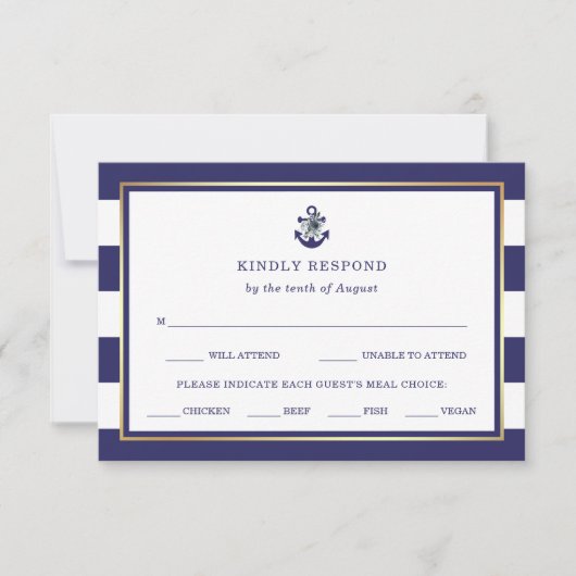 Nautische bloemen | Navy Blue RSVP met maaltijdkeu (Voorkant)