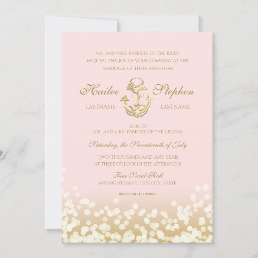Nautische Blush en Gouden Sparkle Wedding Kaart (Voorkant)