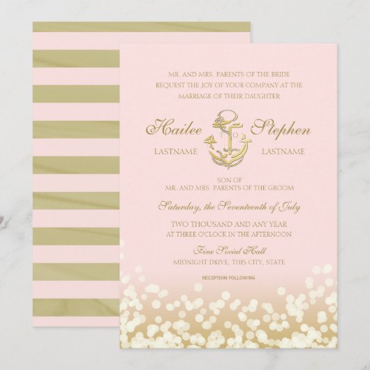 Nautische Blush en Gouden Sparkle Wedding Kaart (Voorkant / Achterkant)