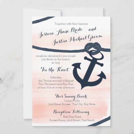 Nautische Blush en Navy Touw en Anker Wedding Kaart (Voorkant)