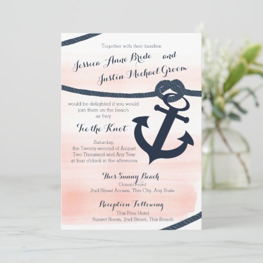 Nautische Blush en Navy Touw en Anker Wedding Kaart (Staand voorkant)