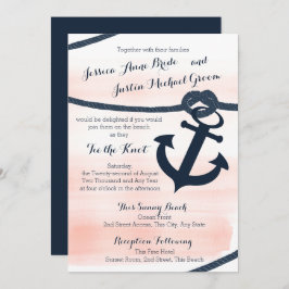 Nautische Blush en Navy Touw en Anker Wedding Kaart