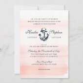 Nautische Blush en Navy Waterverf Bruiloft Kaart (Voorkant)