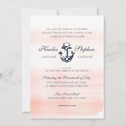 Nautische Blush en Navy Waterverf Bruiloft Kaart (Voorkant)