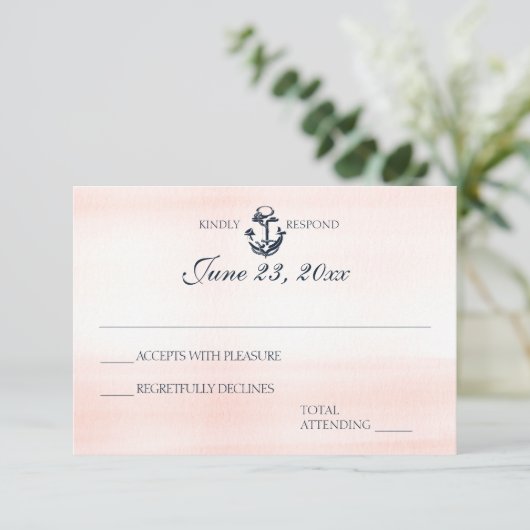 Nautische Blush en Navy Wedding Reactie RSVP Kaartje (Staand voorkant)