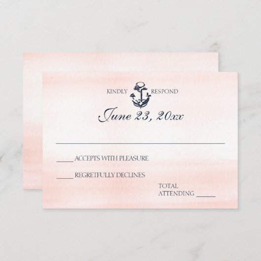 Nautische Blush en Navy Wedding Reactie RSVP Kaartje (Voorkant / Achterkant)