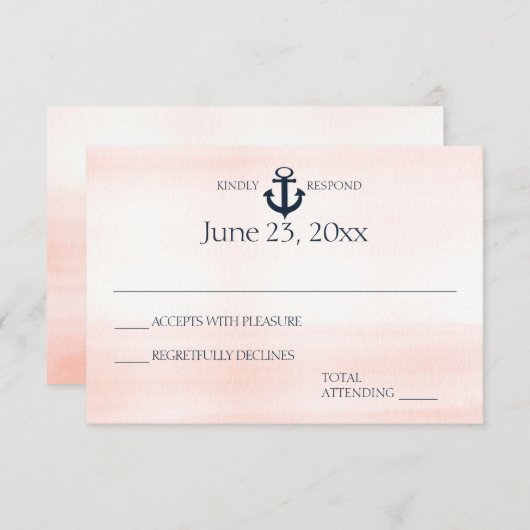 Nautische Blush en Navy Wedding Reactie RSVP Kaartje (Voorkant / Achterkant)