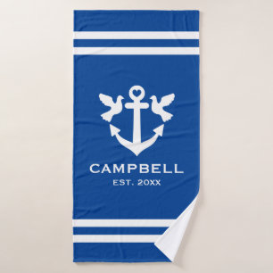 Nautische boot anker blauw en wit aangepaste naam bad handdoek