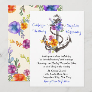 Nautische Boot Anker Bloemen Blauw Huwelijk Kaart