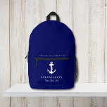 Nautische Boot Anker Kapiteins Marine Blauw Bedrukte Rugzak<br><div class="desc">Navy blauwe nautische thema rugzak voor het houden van uw boot items samen met een klassieke witte anker,  de naam en de locatie van uw boot,  en een extra regel tekst voor de naam van de kapitein of familie.</div>