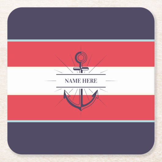 Nautische Boot Anker Marine Blauw Rood Wit Kartonnen Onderzetters (Voorkant)