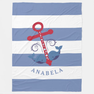 Nautische boot anker met walvissen witte strepen fleece deken