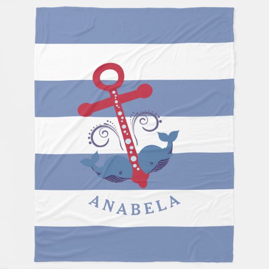 Nautische boot anker met walvissen witte strepen fleece deken (Voorkant)