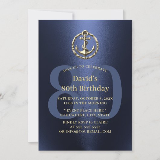 Nautische Boot Anker Navy & Gold 80ste verjaardag Kaart (Voorkant)
