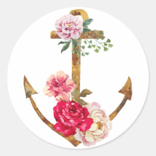  nautische boot anker rood & roze pioen ronde sticker