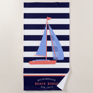Nautische boot familienaam marine blauw strand hui strandlaken