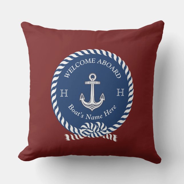 Nautische Boot Naam Anker Maroon Red Navy Blue Buitenkussen (Voorkant)