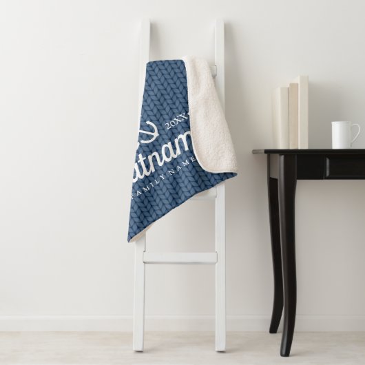 Nautische Boot Naam Marine Blauw Gebreid Patroon Sherpa Deken (In situ)