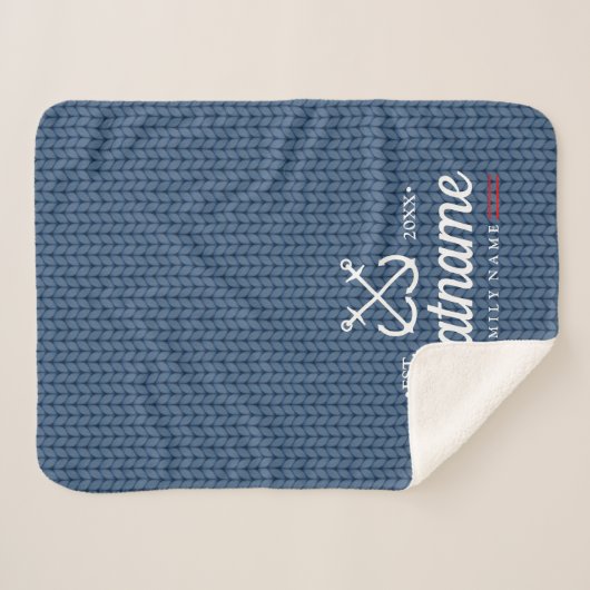 Nautische Boot Naam Marine Blauw Gebreid Patroon Sherpa Deken (Voorkant (horizontaal))