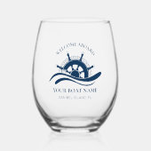 Nautische Boot Naam Schip Wiel Marine Blauw Wijnglas Zonder Voet (Voorkant)