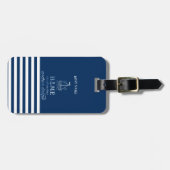 Nautische bootanker marineblauw gestreept bagagelabel (Voorkant horizontaal)