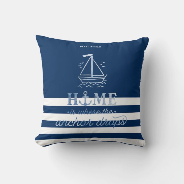 Nautische bootanker marineblauw gestreept kussen (Voorkant)